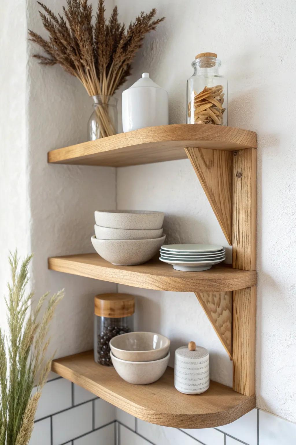 Install floating corner shelves for tiny corners—everyday essentials plus one beautiful handmade piece.