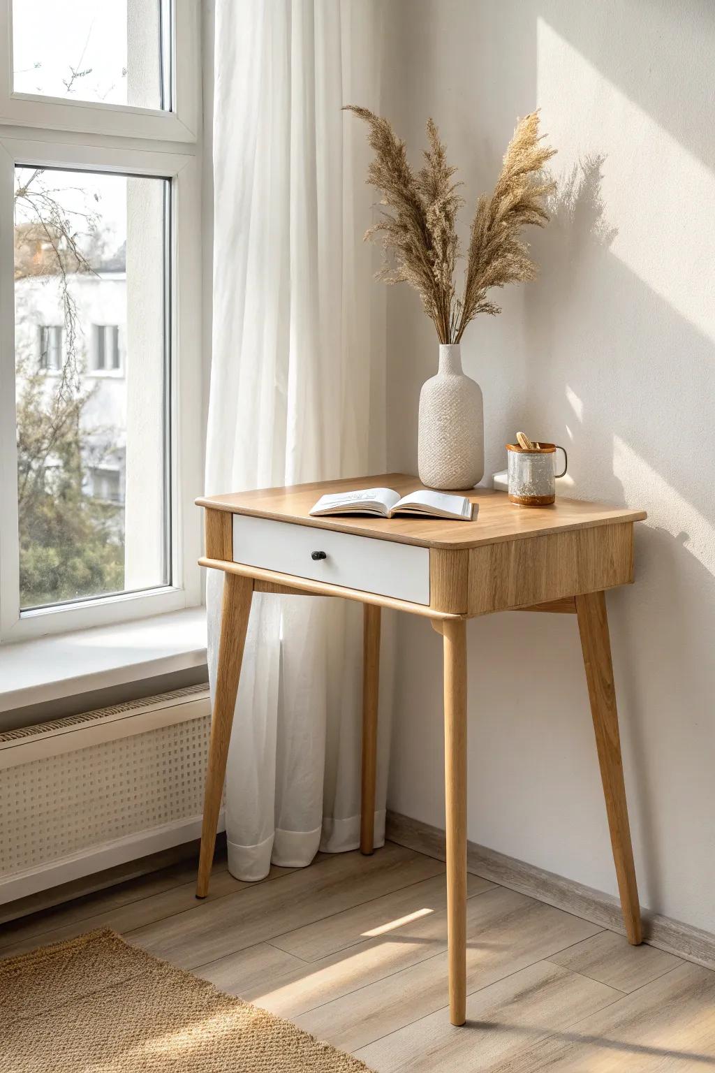 A shallow corner desk under the window keeps your workspace bright, calm, and clutter-free.