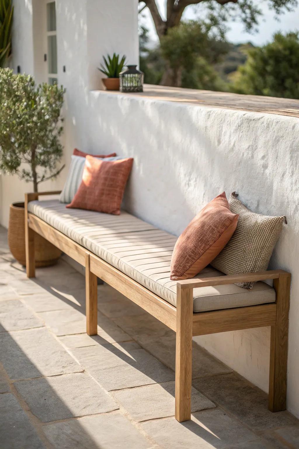 A wall-hugging built-in bench adds lounge comfort while keeping your tiny courtyard open.