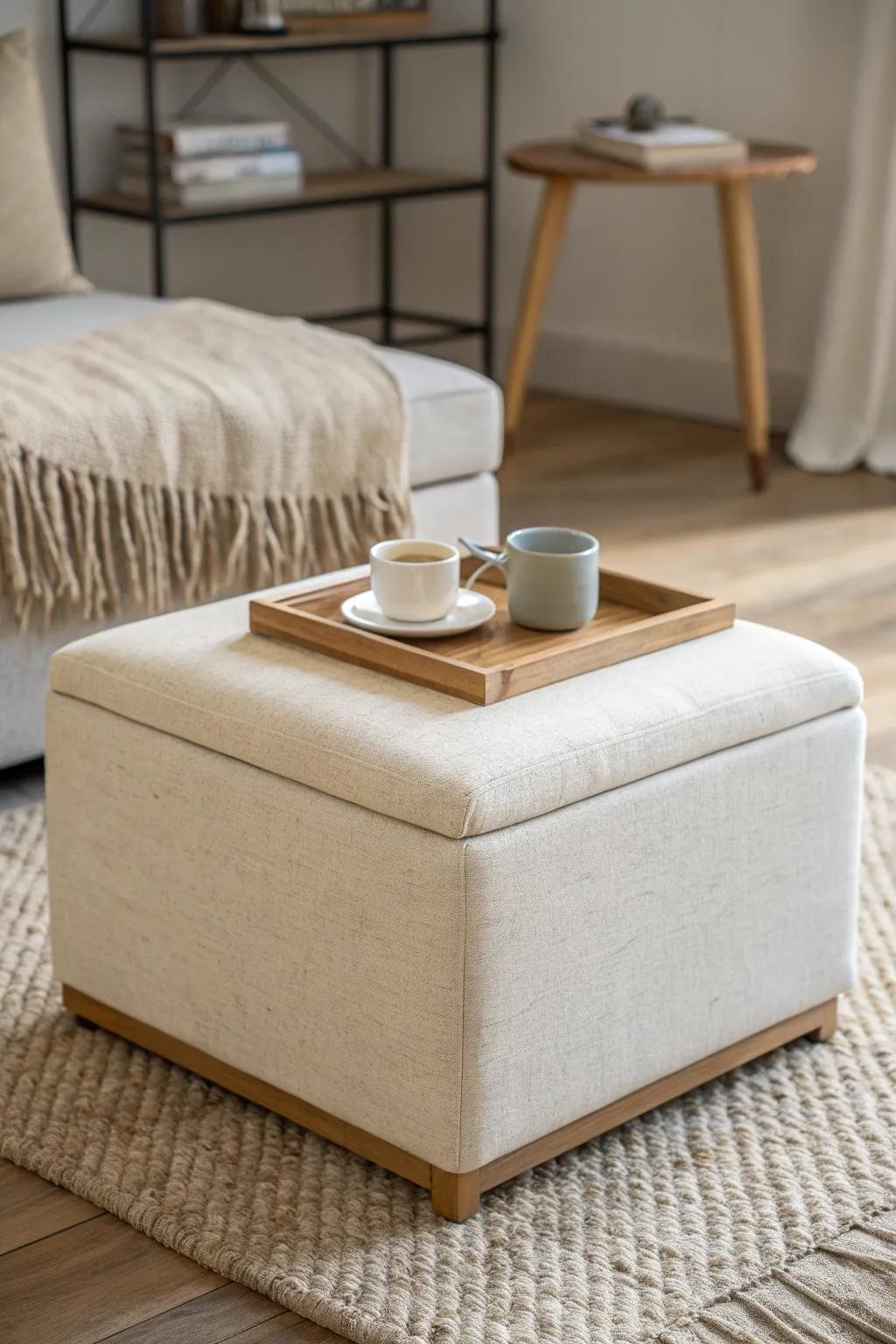 A storage ottoman doubles as coffee table + hidden stash—perfect for a small den.