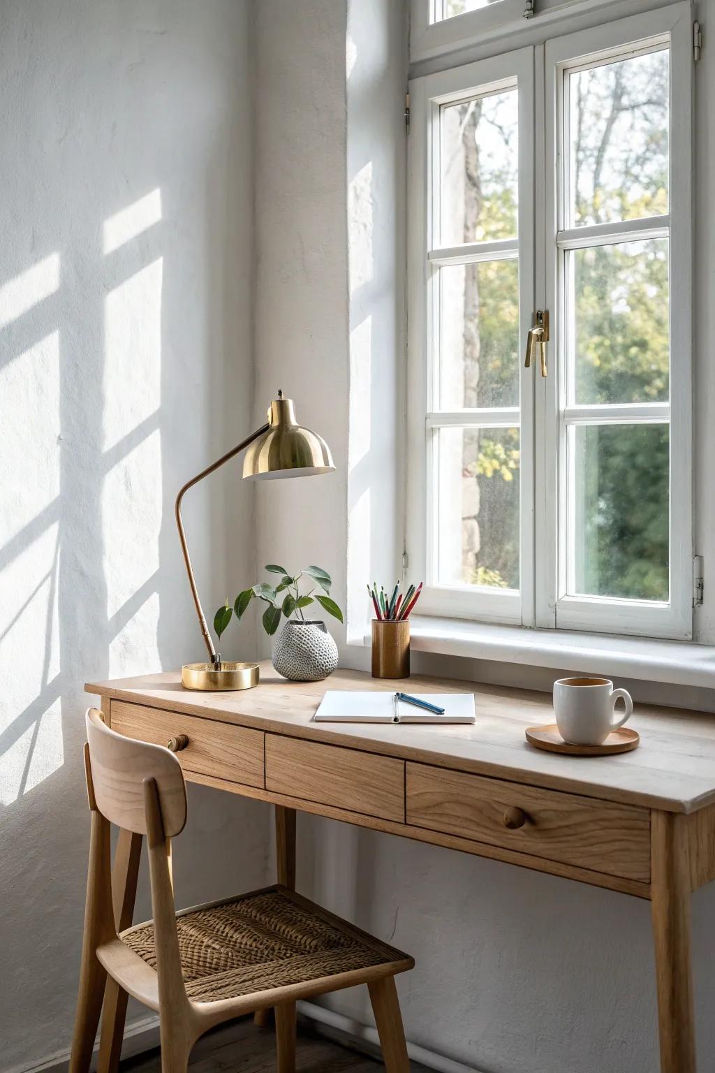 A bright under-window mini desk—daylight plus a clip-on lamp keeps it calm and clutter-free.