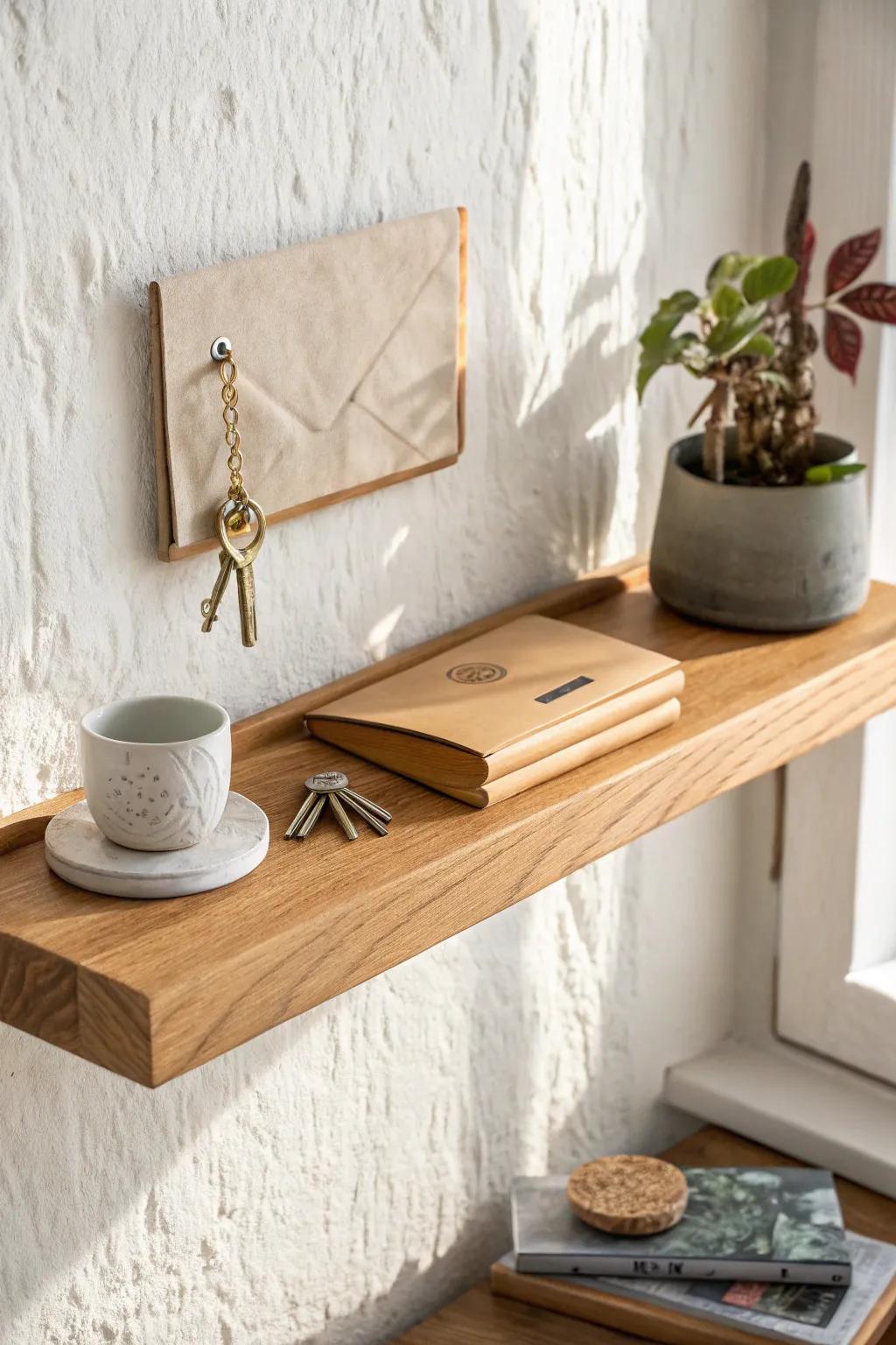 A slim floating shelf keeps keys and mail tidy—no clutter, just calm, minimal drop-zone style.
