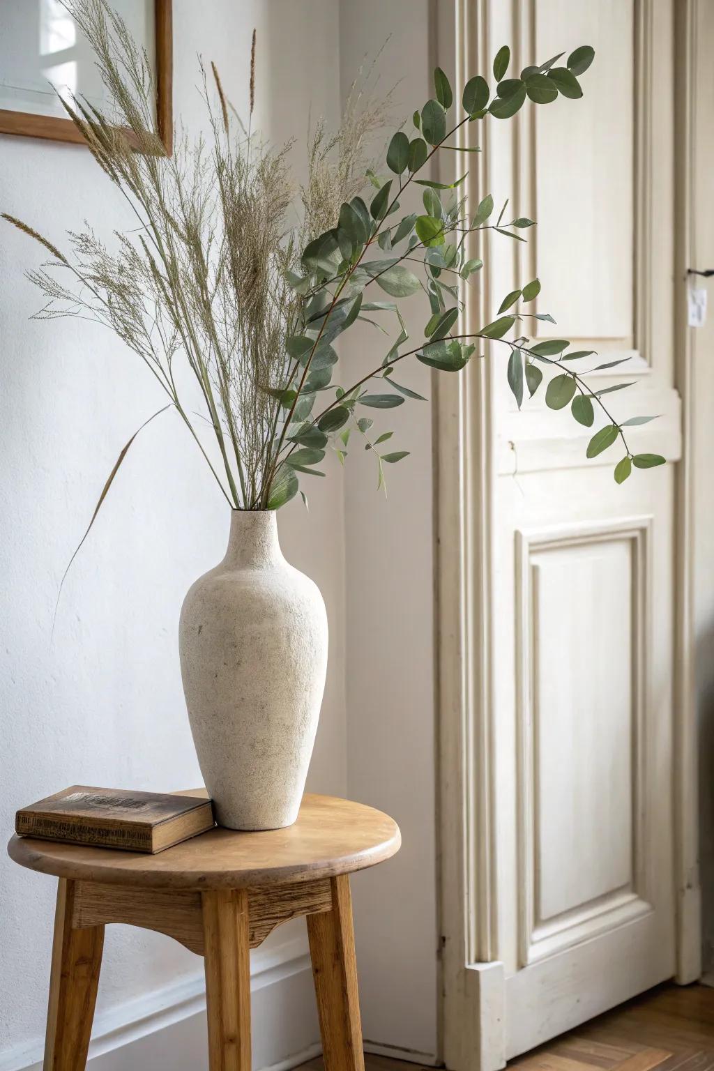 A slim ceramic vase with tall green stems adds height and calm to a small entry table.