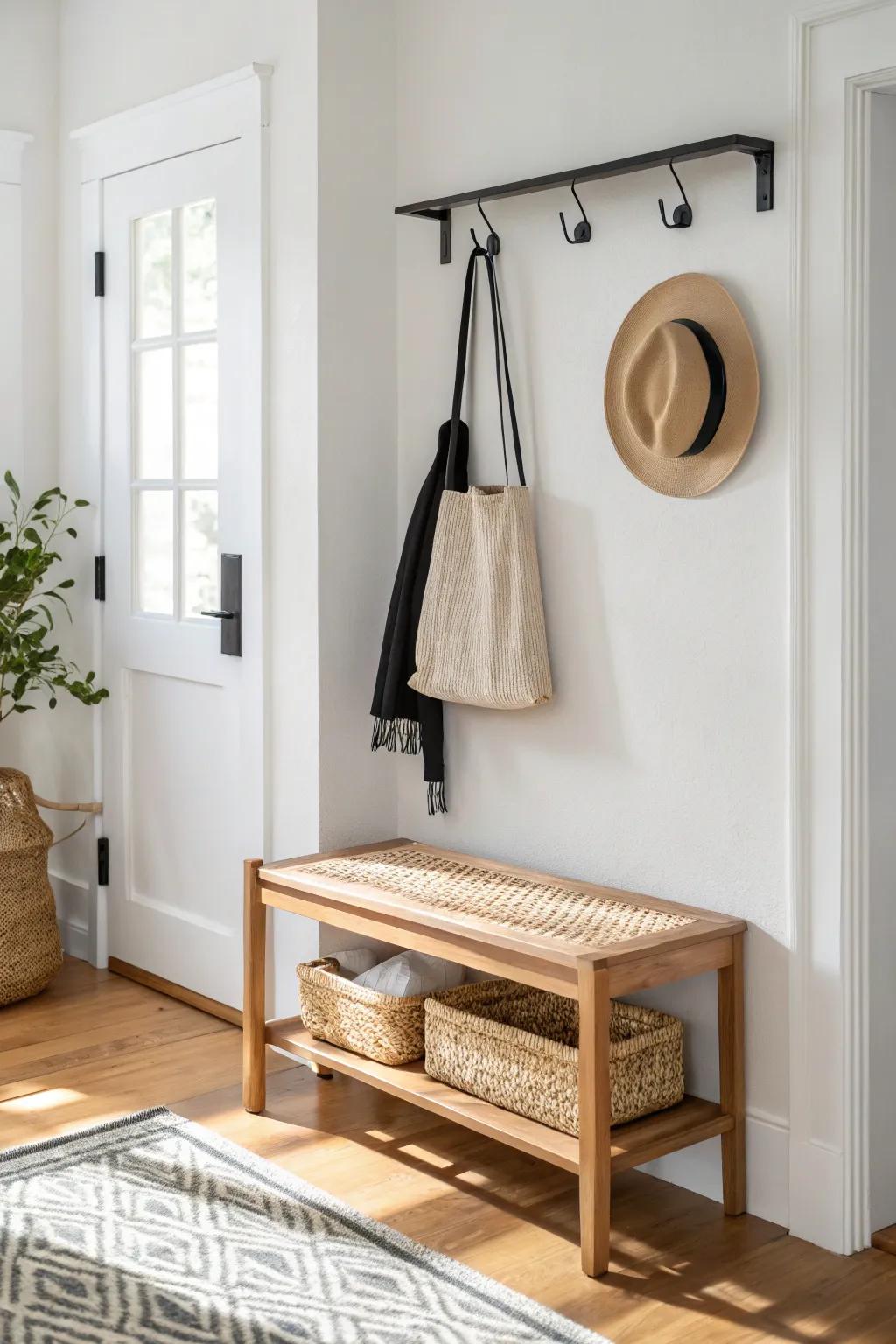 A petite oak bench with simple hooks above—mudroom function without the clutter.
