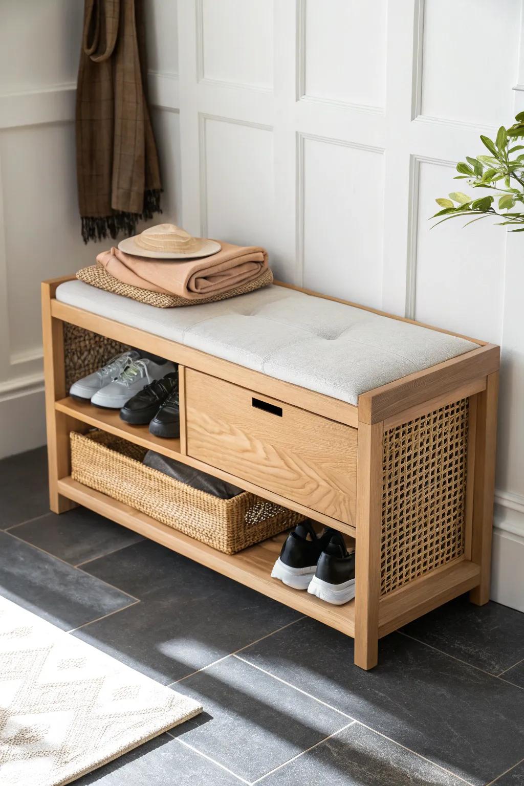 Slim oak shoe bench with hidden storage—tidy entryway, comfy seat, zero shoe clutter.