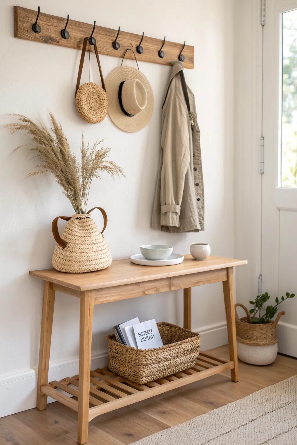 A tiny entry table + simple wall hooks create a chic drop zone without taking up space.