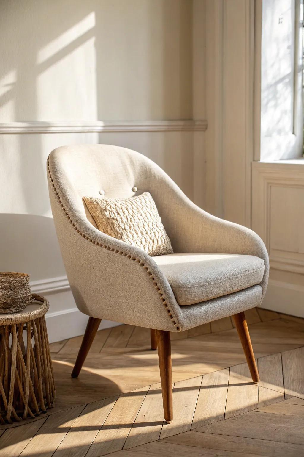 Exposed-leg seating keeps a small family room airy, light, and instantly less crowded.