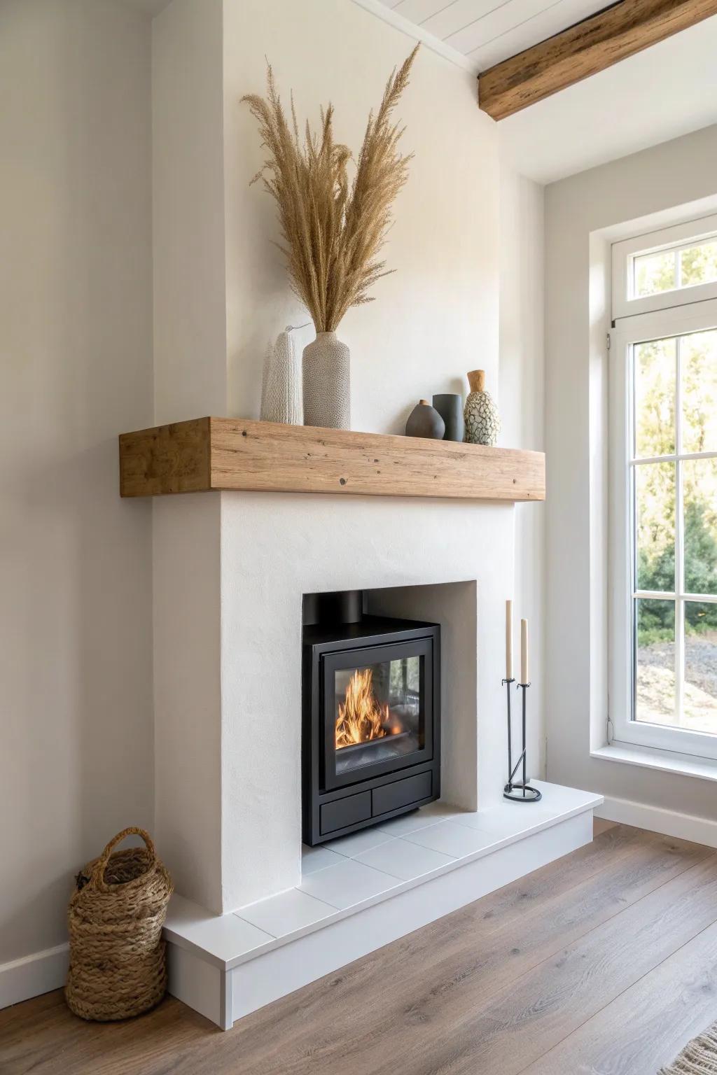 A floating mantel adds fireplace charm in tight rooms—minimal, renter-friendly, and chic.
