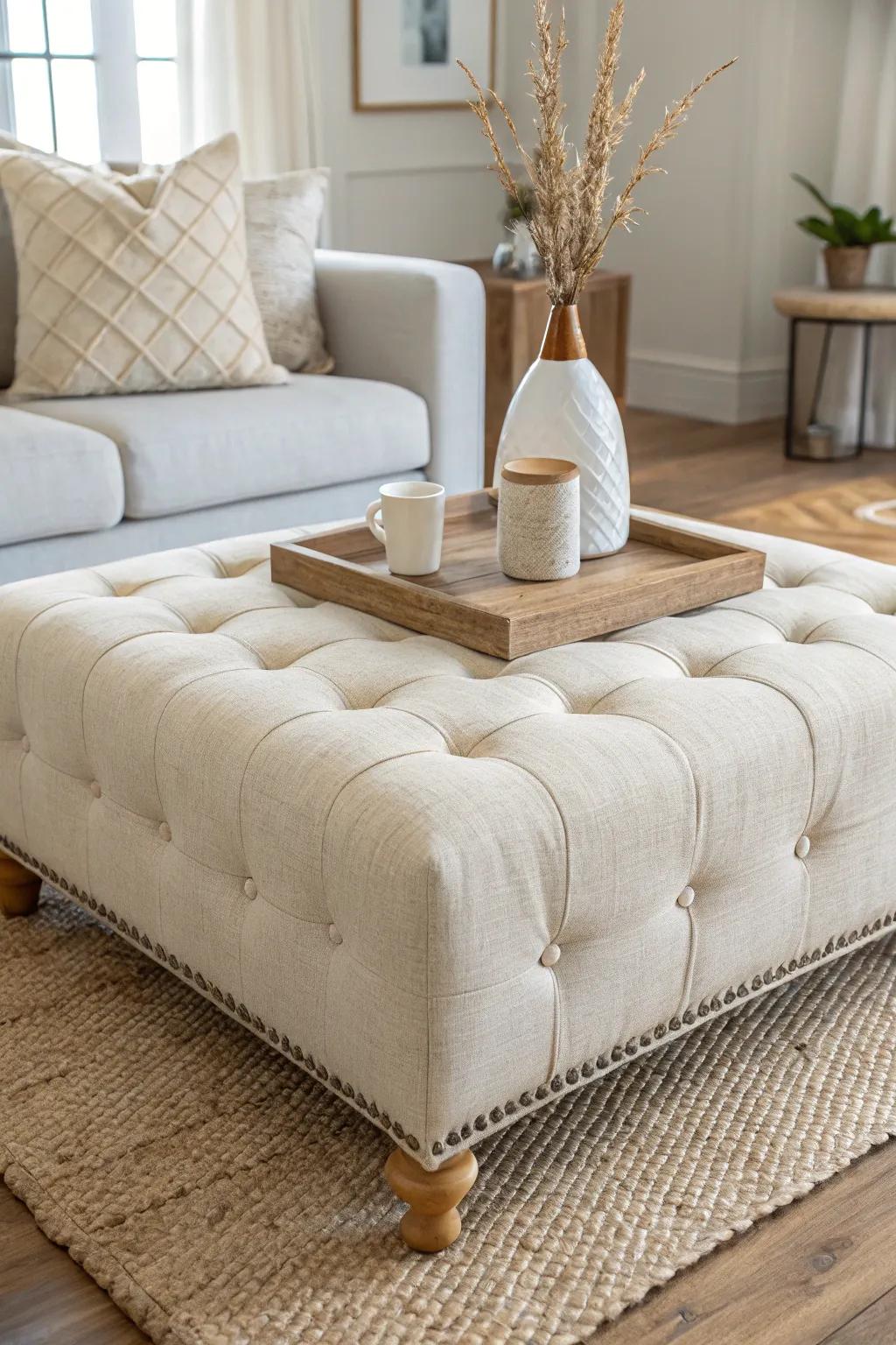 Tufted ottoman table: classic polish, soft texture—perfect for a petite formal lounge.