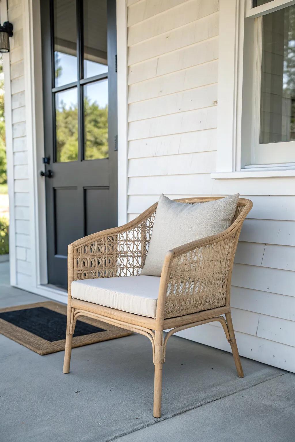 A breezy woven porch chair + a slim lumbar pillow makes the tiniest entry feel open.