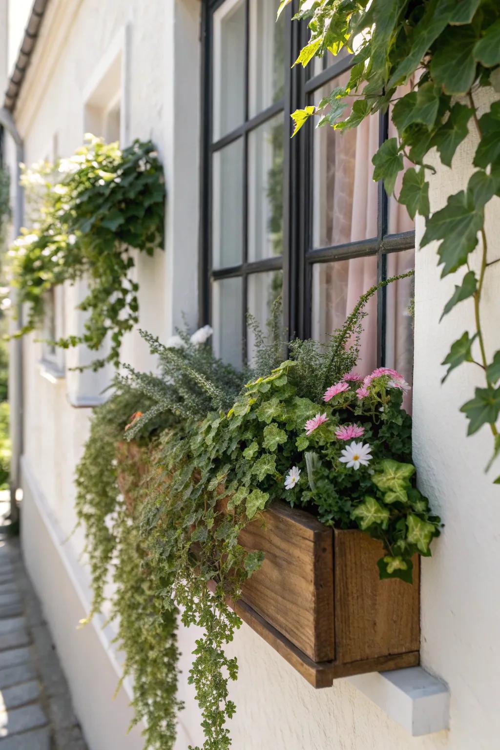 A simple townhouse window box adds lush vertical greenery without taking up yard space.