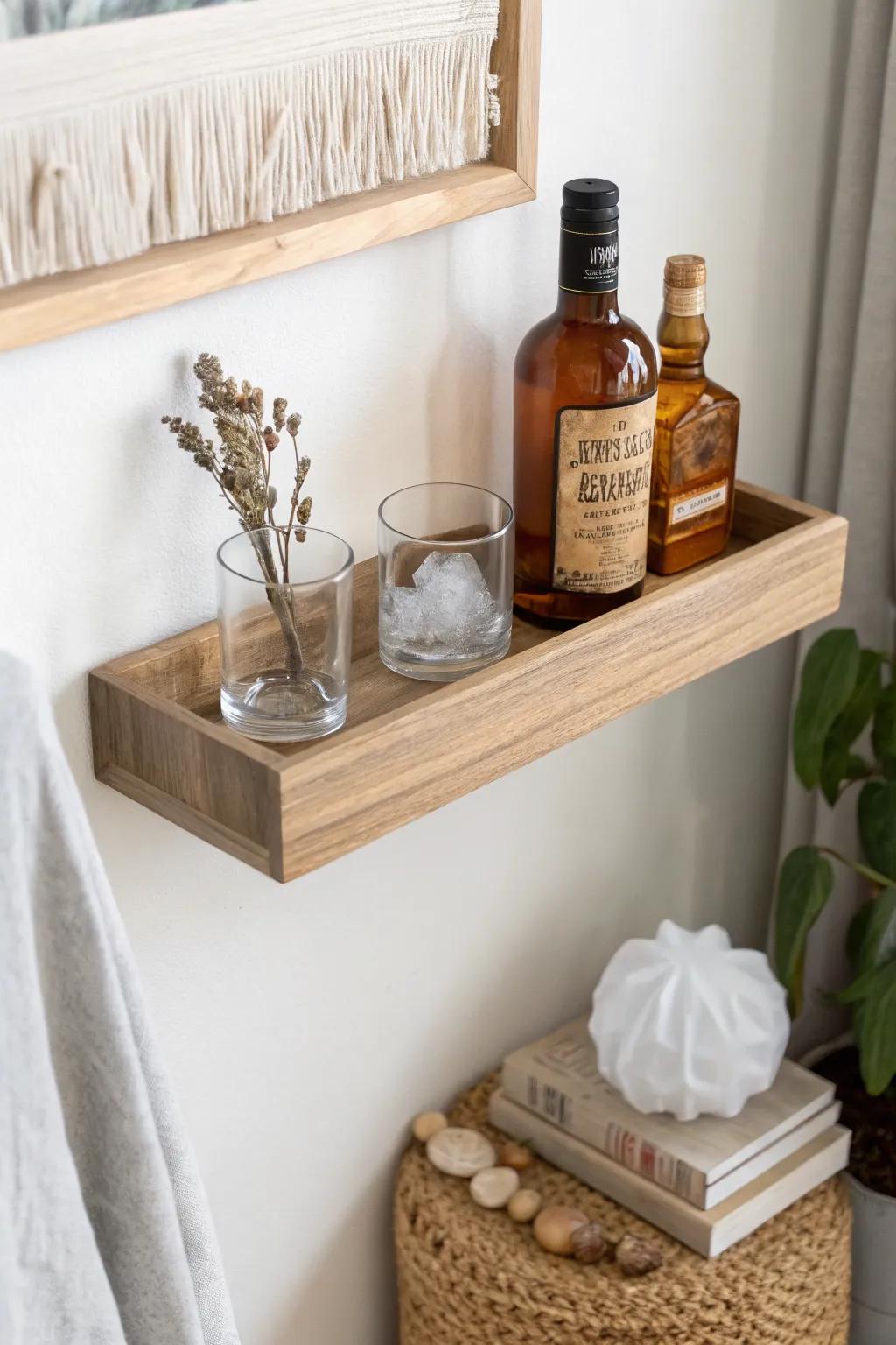A single oak floating shelf turns a tiny game room corner into a chic mini back bar.