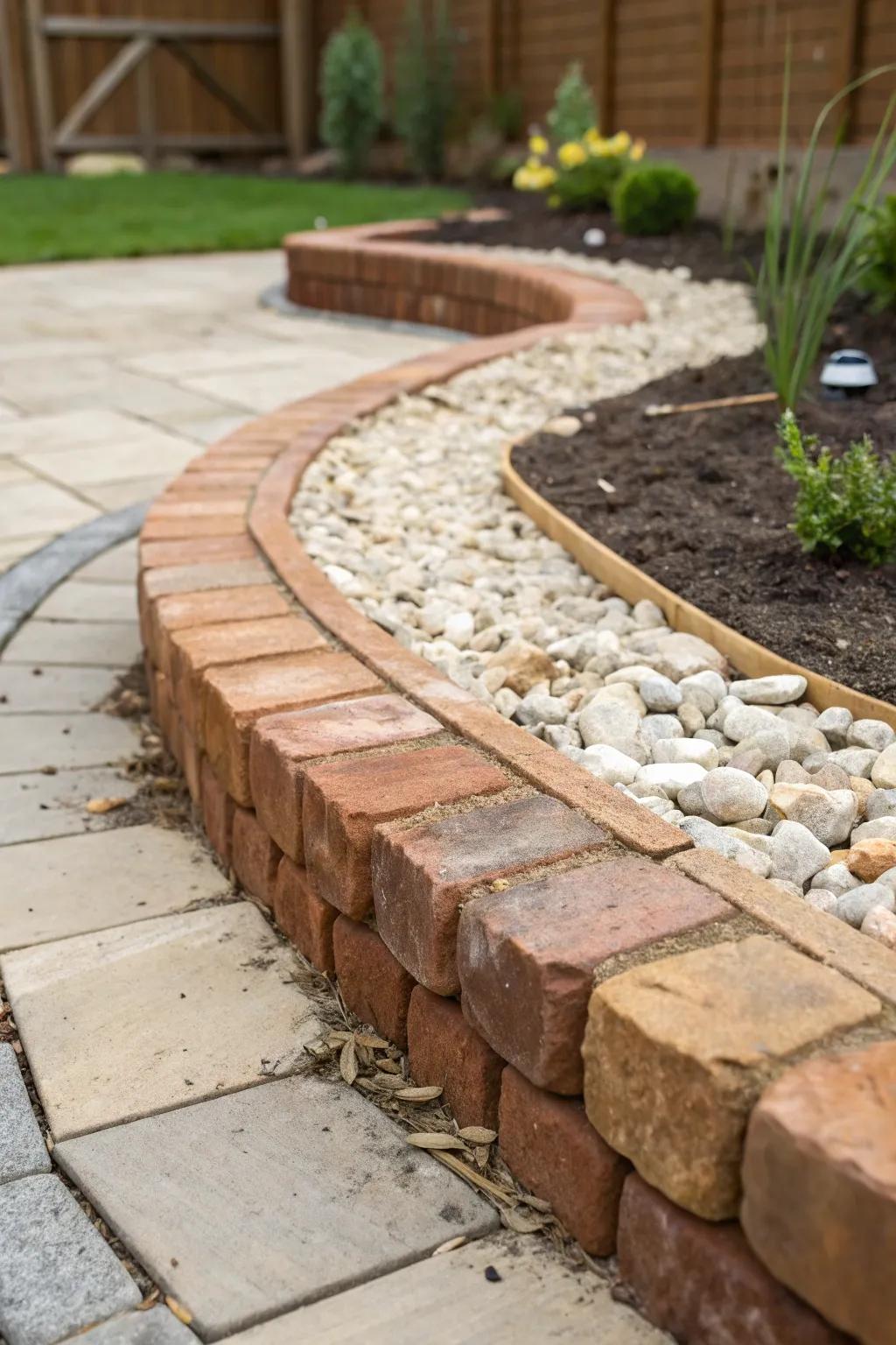 Crisp brick-and-stone edging that instantly makes a small garden bed look polished and tidy.