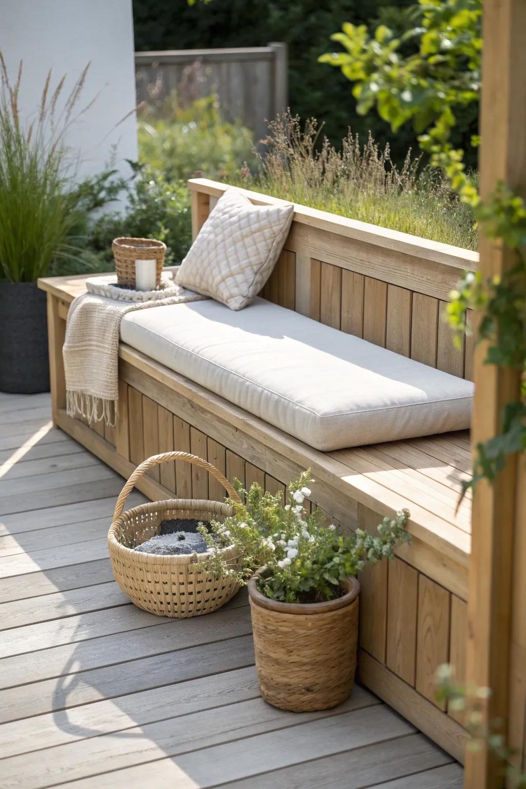 Built-in bench seating keeps a tiny deck open, airy, and effortlessly inviting.