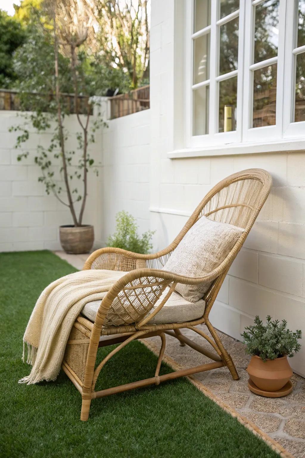 A cozy corner lounge chair on lush artificial grass—tiny garden, big calm for reading.