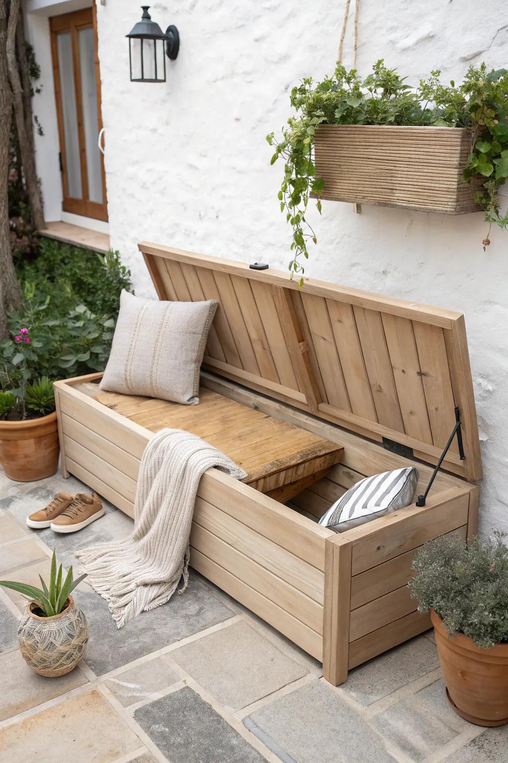 Built-in bench with hidden storage—stylish seating that neatly hides cushions and tools.
