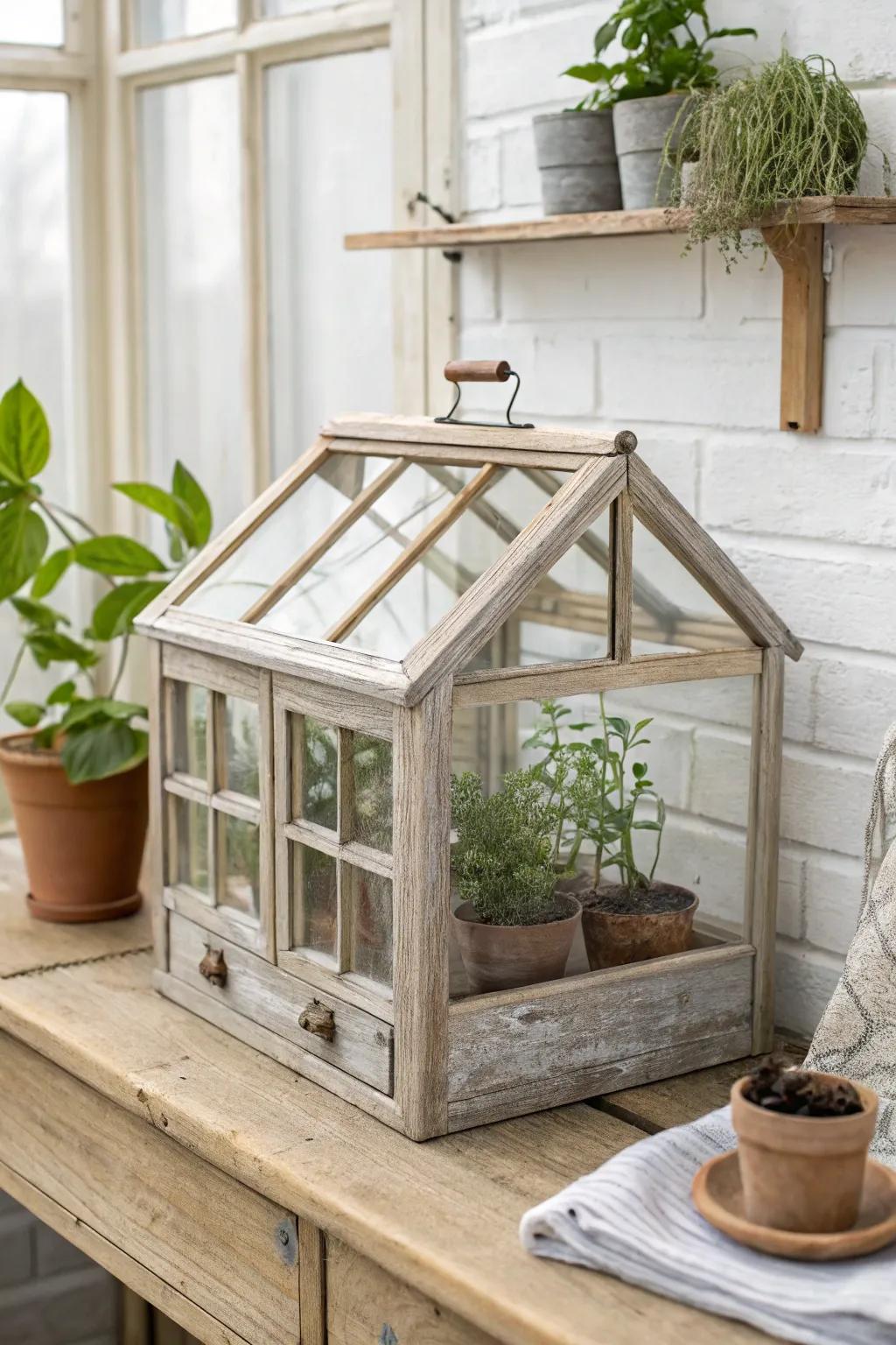 Vintage window-frame mini greenhouse—pretty, protective, and perfect for small spaces.