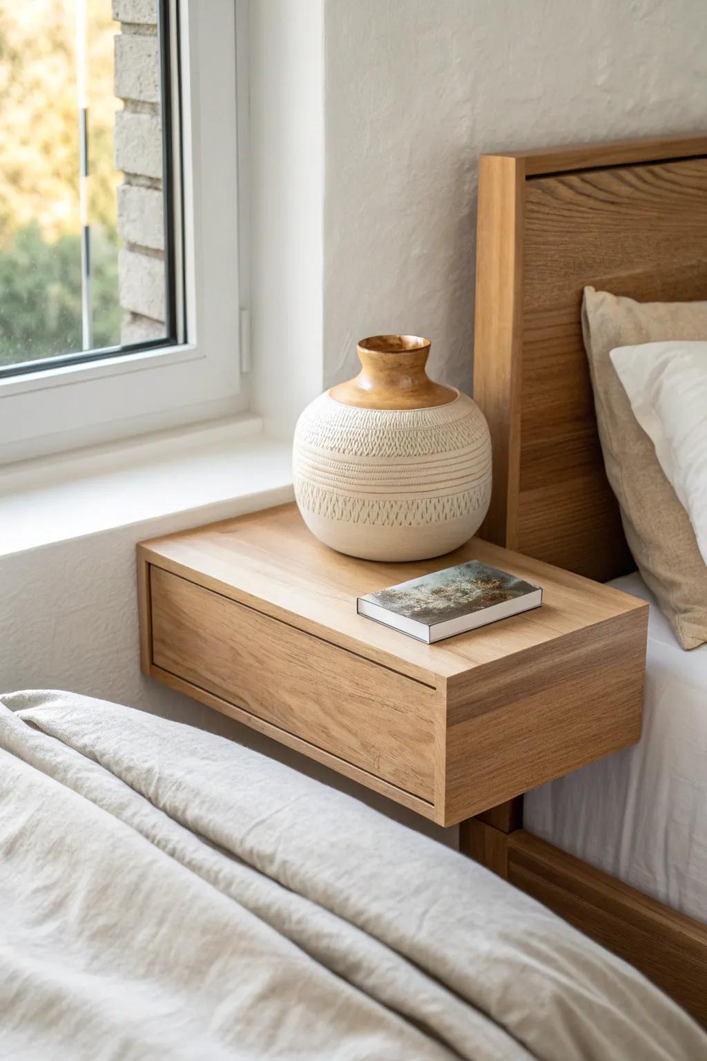 A slim floating shelf doubles as a nightstand—clean, airy, and perfect for small guest rooms.
