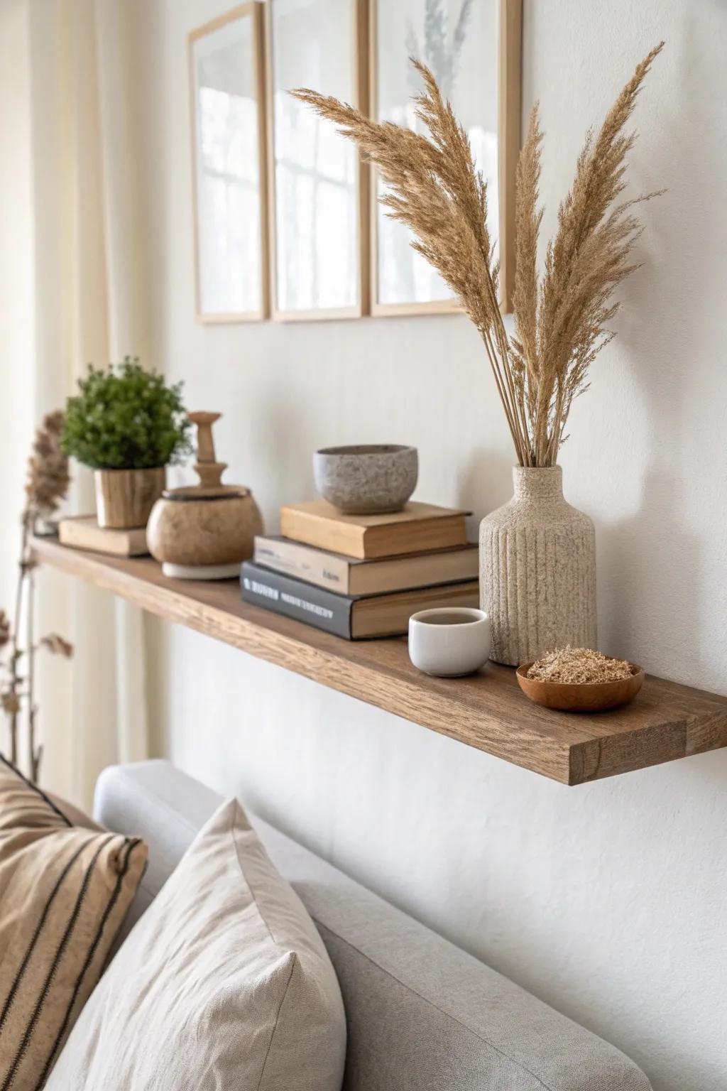 A single floating shelf brings styled storage to small spaces—books + simple decor, no clutter.