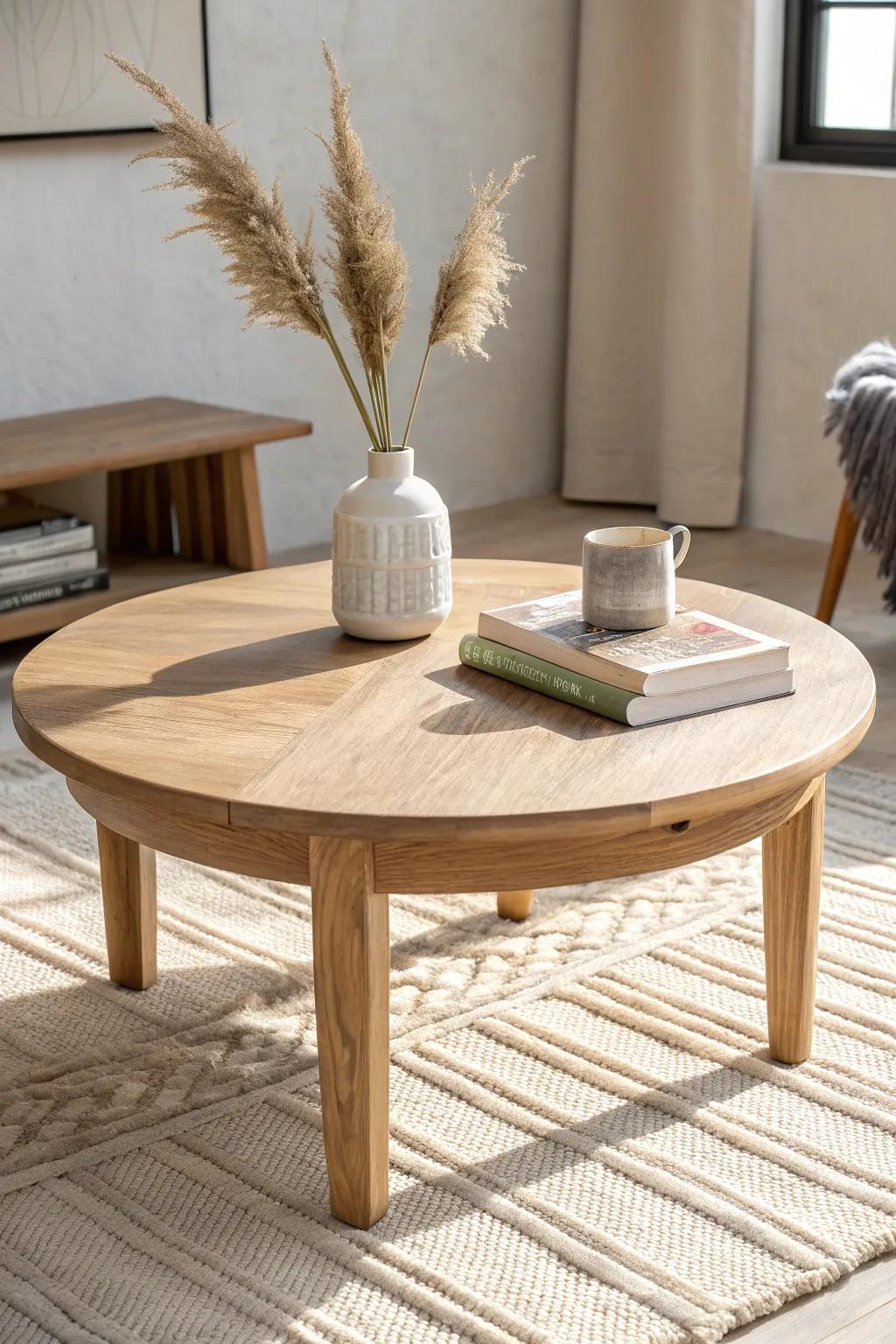 A round coffee table softens a small living room and keeps walkways feeling open and airy.
