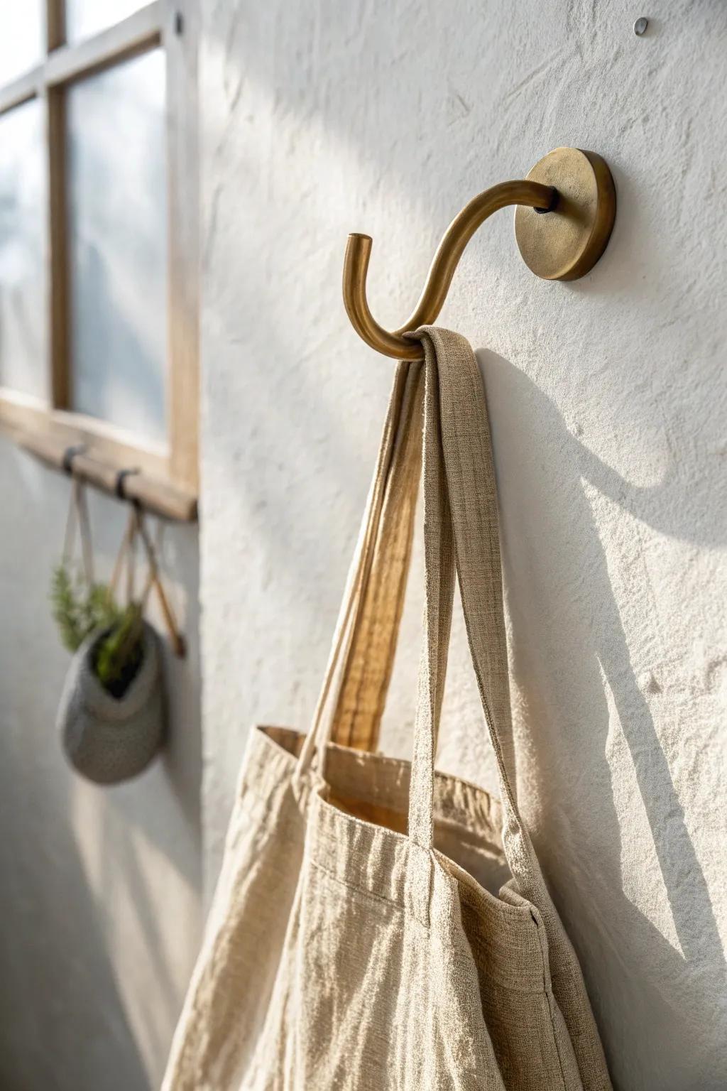 A single handcrafted wall hook turns dead wall space into chic, clutter-free storage.