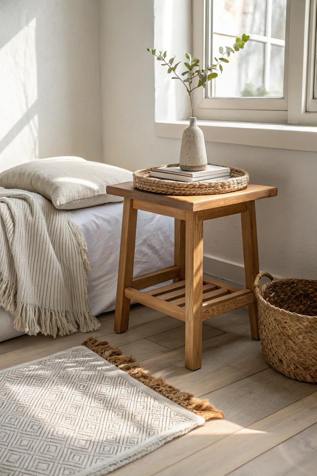 Light oak and linen add calm Japanese warmth—perfect for small bedrooms and cozy corners.