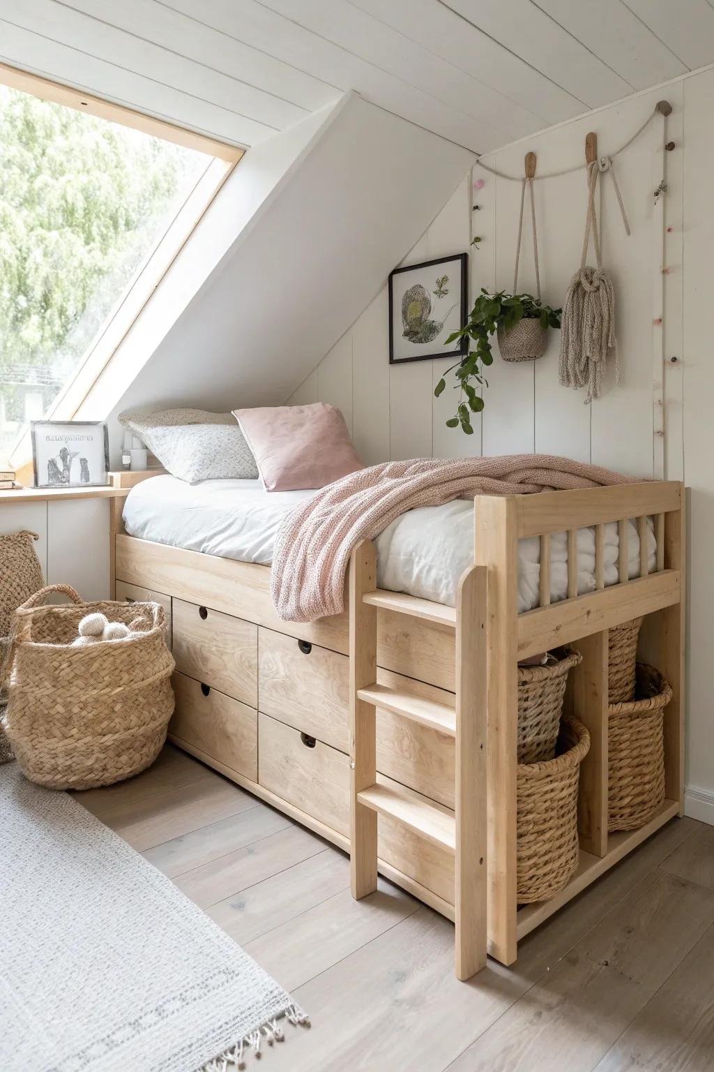 Low loft bed, big storage—add baskets and a mini book ledge to gain an “extra zone.”