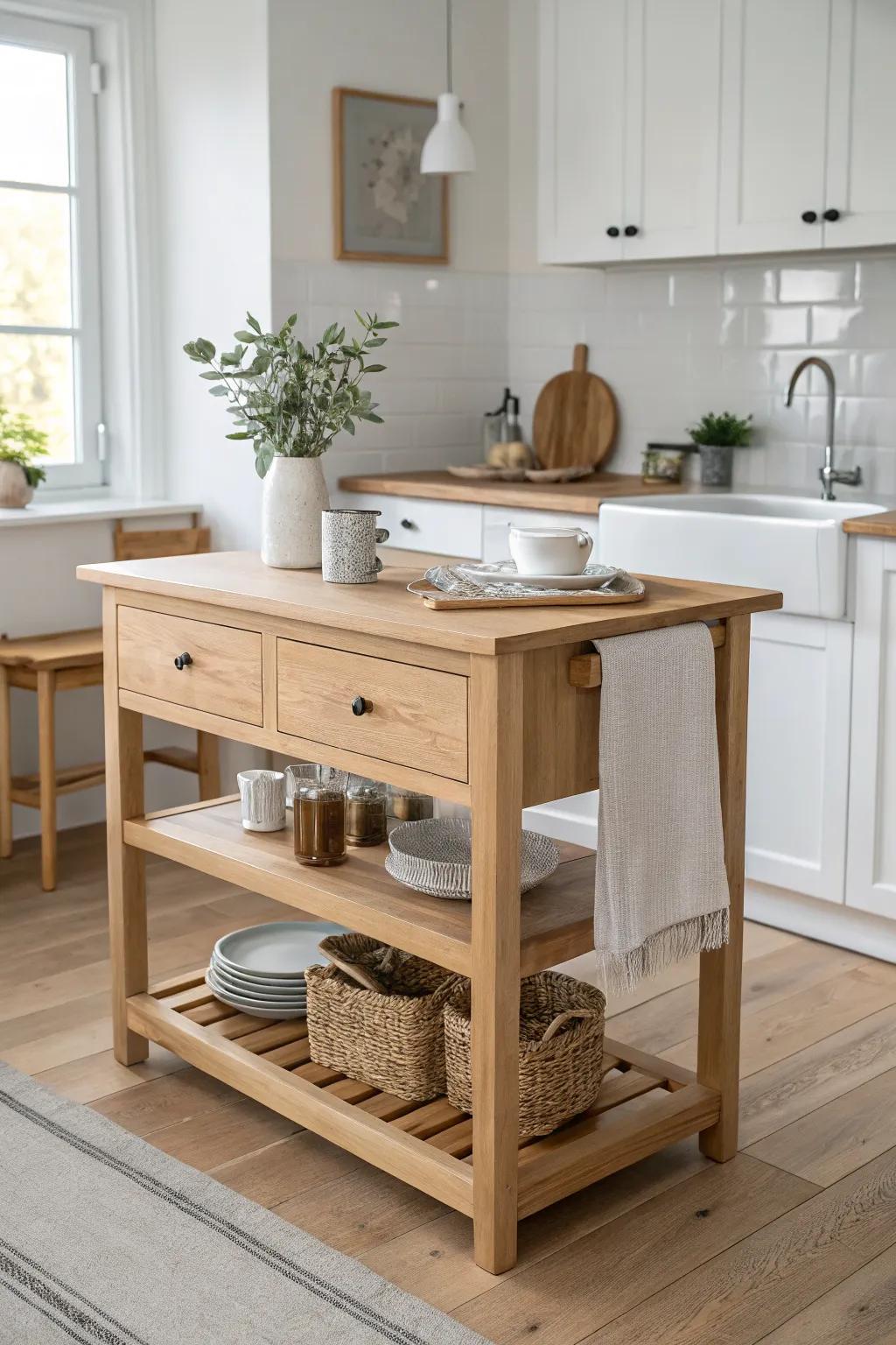 A slim oak island that preps, stores, and seats—double-duty dining for the smallest kitchens.