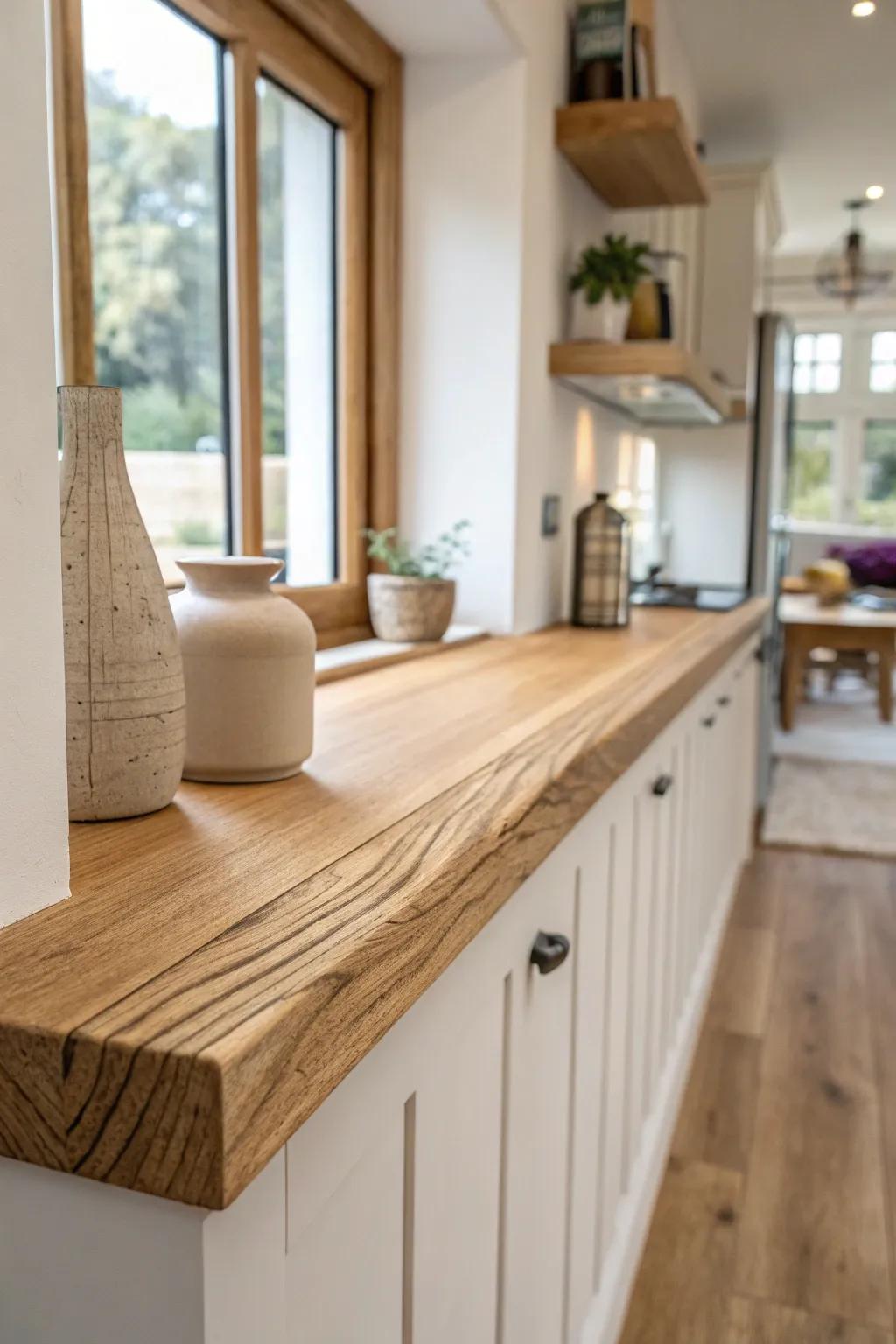 A slim oak pass-through bar adds seating and connection—perfect for tiny kitchens.