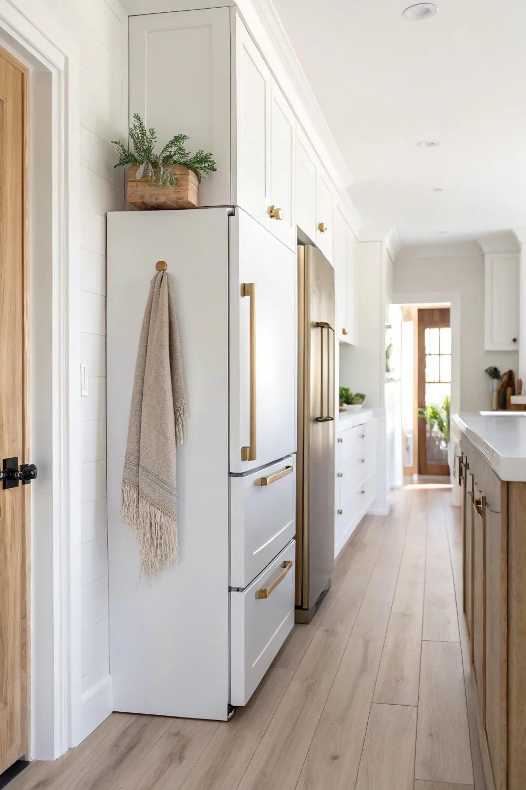 A slim fridge at the end of a galley run keeps your kitchen triangle smooth and bump-free.