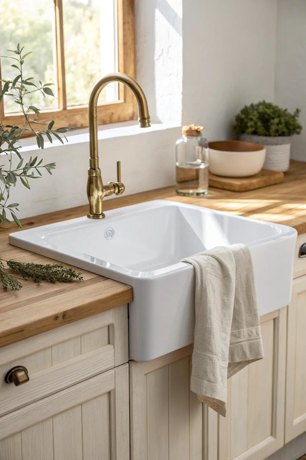 A corner sink turns an awkward L-shaped corner into extra prep space—clean, cozy, and bright.
