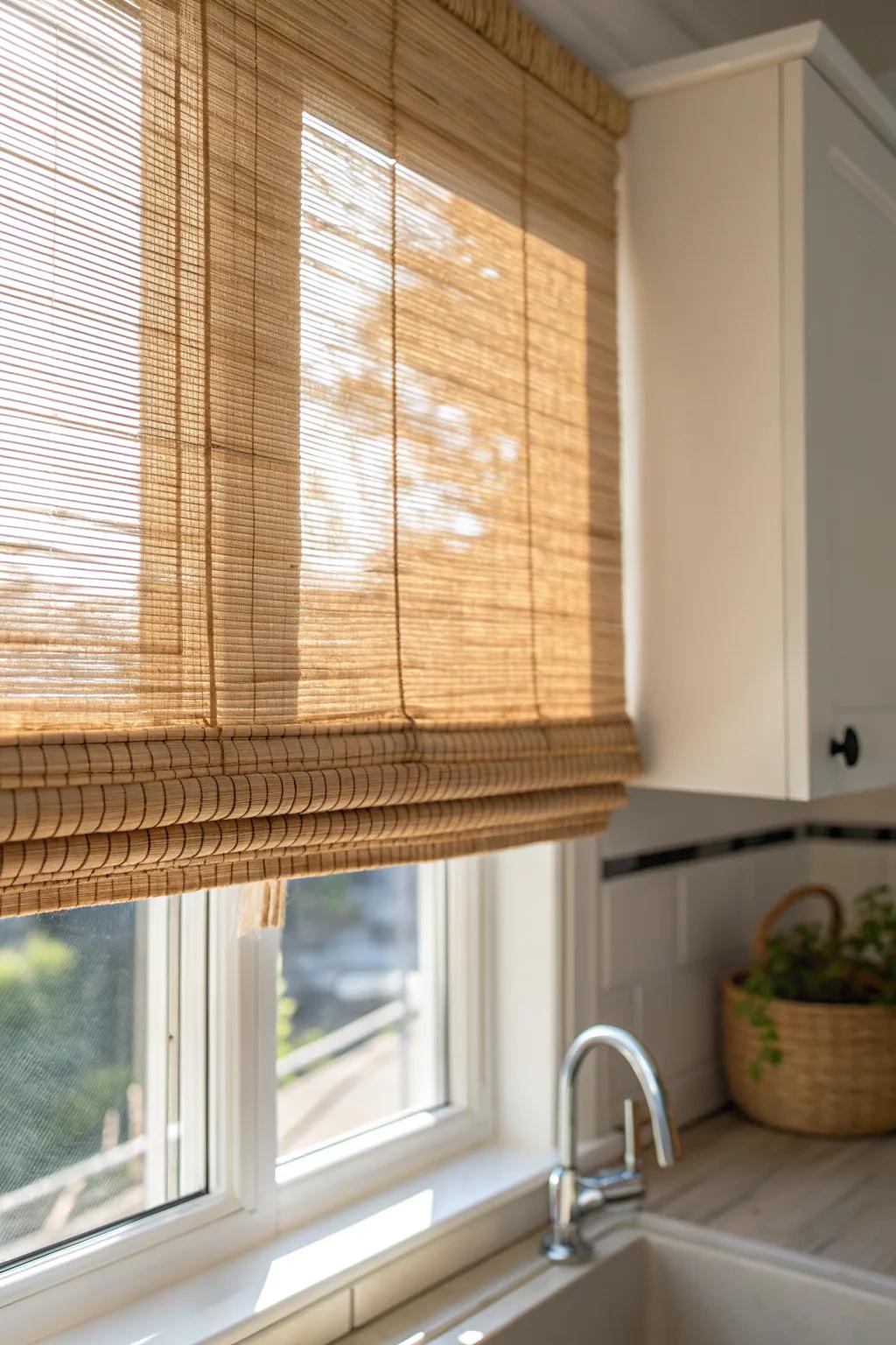A woven shade warms up a small sink window, adding cozy texture while keeping light.