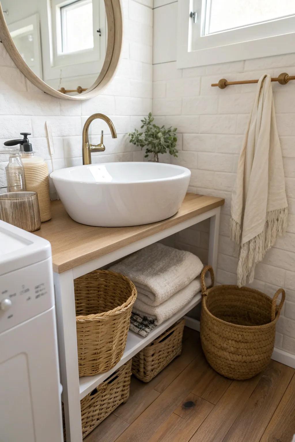 Wall-mounted sink + slim rolling cart keeps a tiny laundry room airy, bright, and practical.