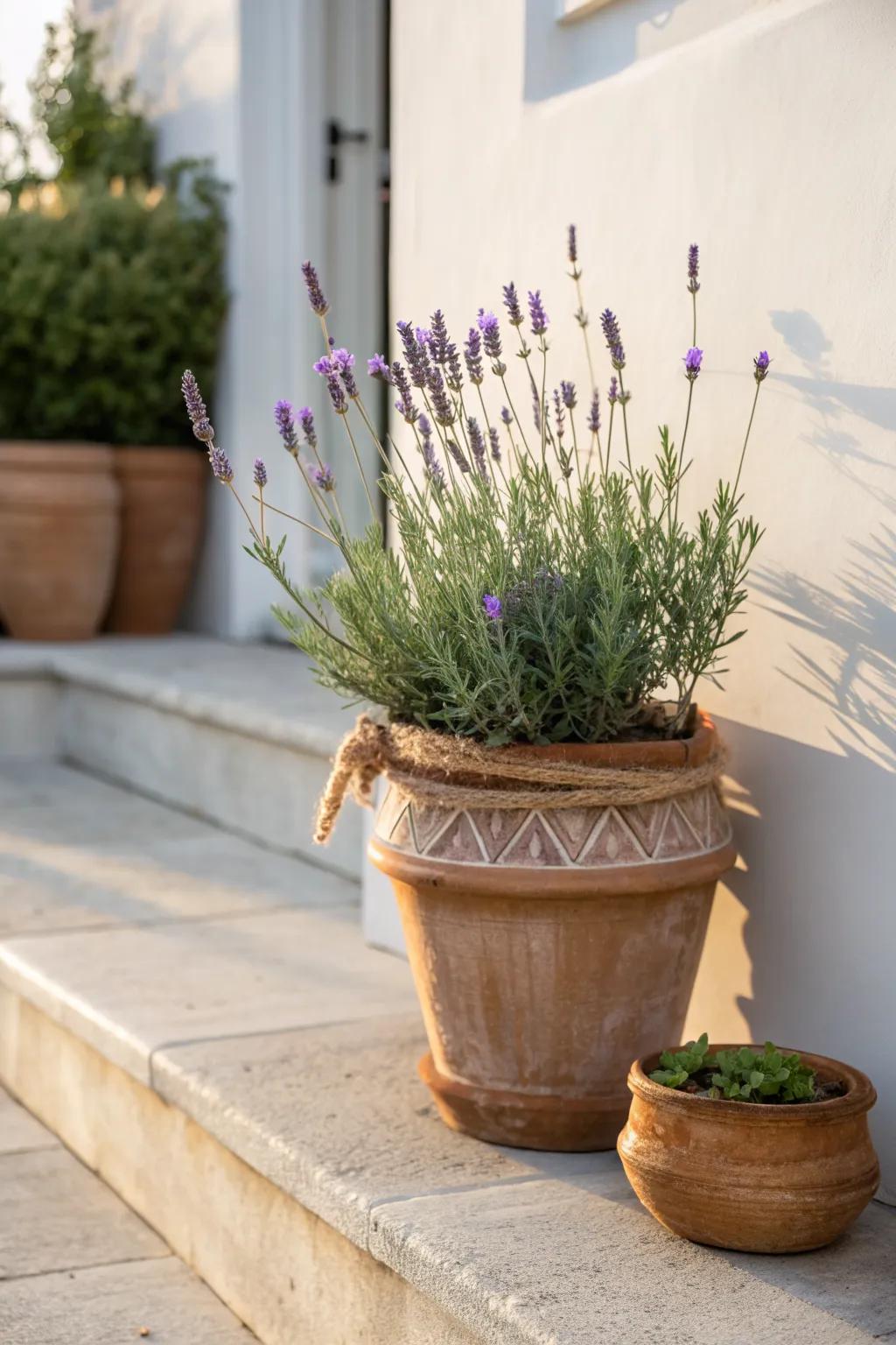 A simple lavender planter on the front step—instant welcome ritual for small exteriors.