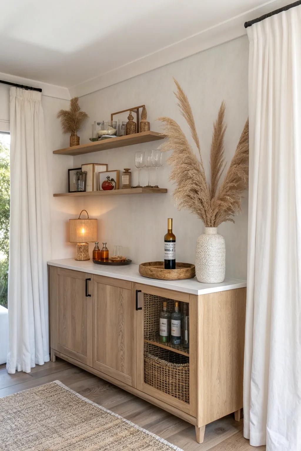 Turn an awkward wall niche into a chic mini bar with warm lighting and natural wood.