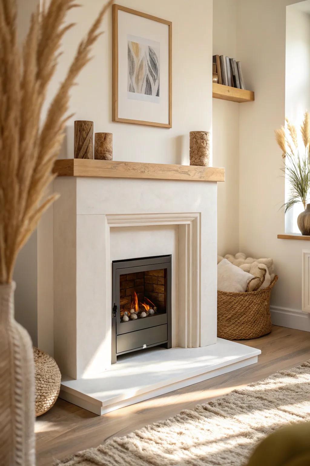 Light, neutral tones around a small fireplace make the room feel airy, calm, and cozy.