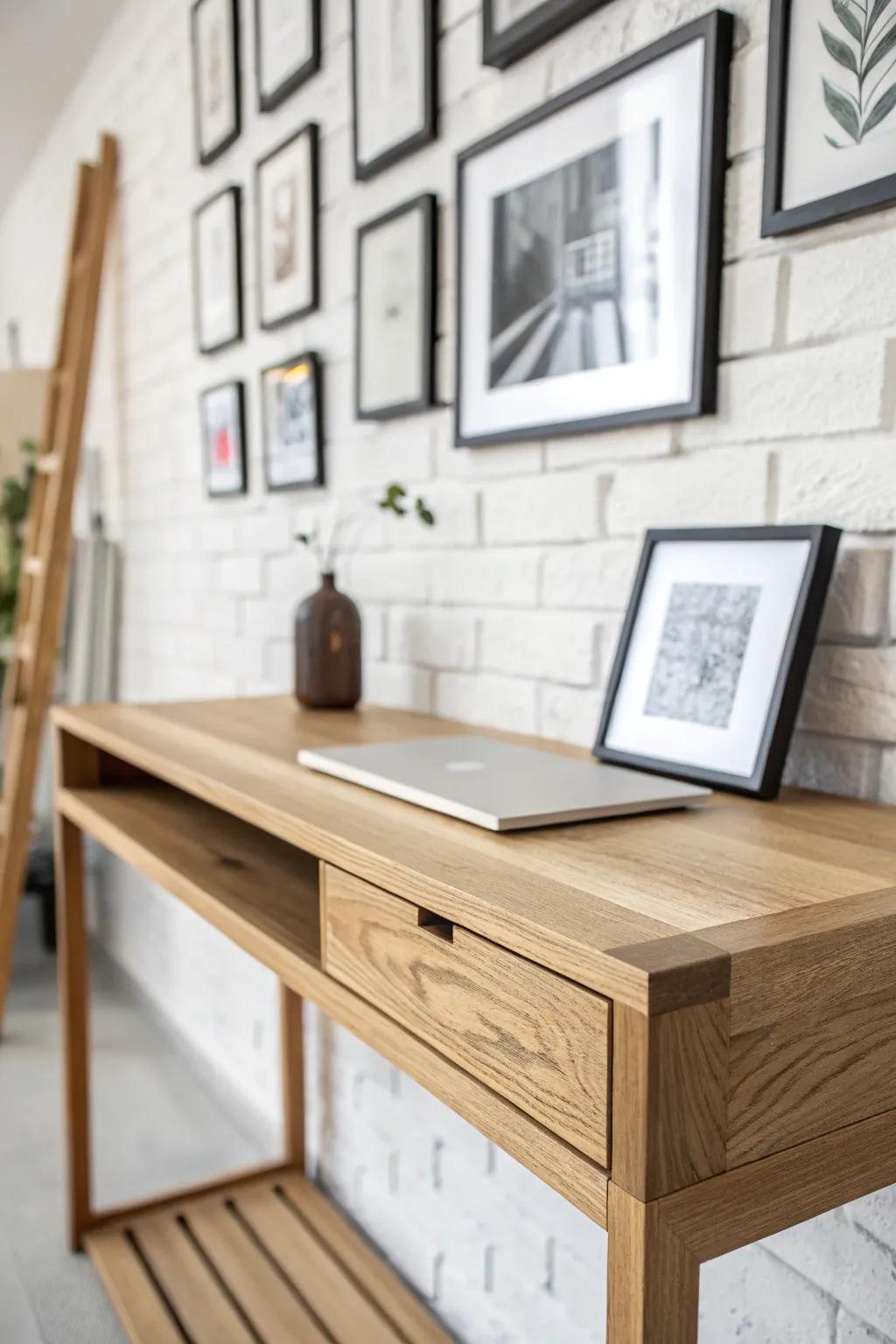 A slim oak floating desk tucked under a gallery wall—work space that reads as styled décor.