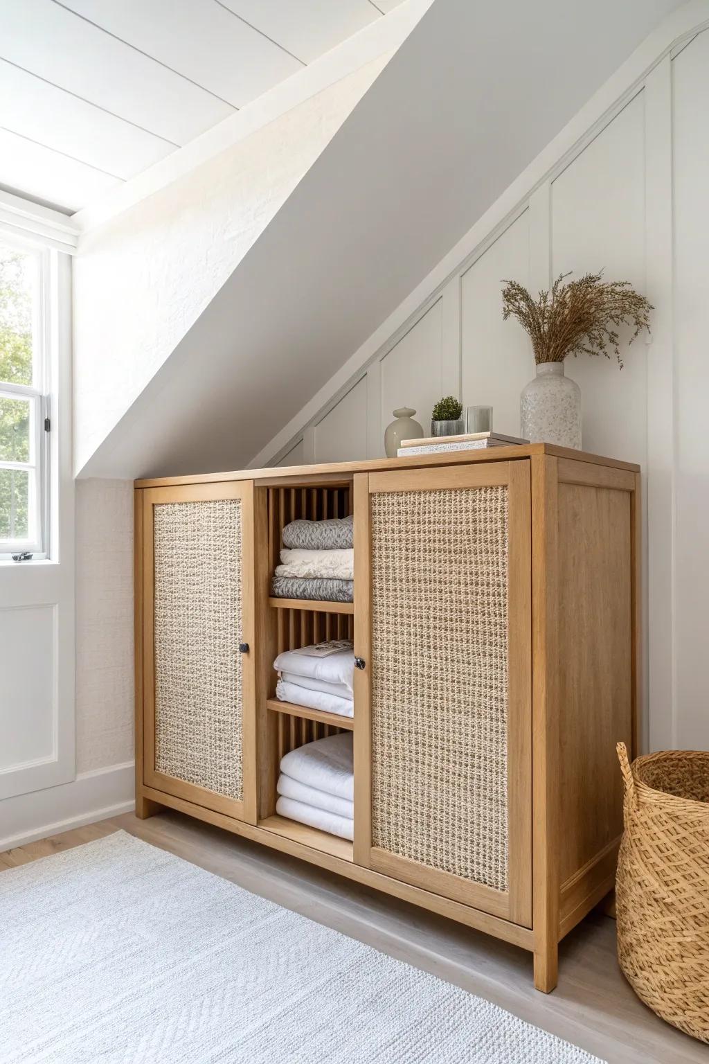 Built-in knee-wall cabinets turn awkward loft angles into chic, hidden storage beautifully.