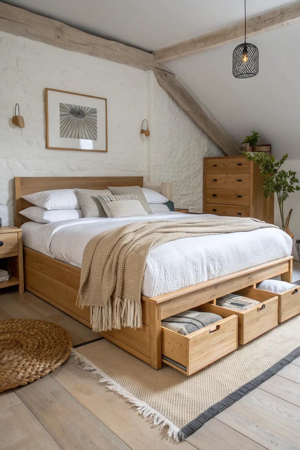 A storage bed keeps a small master bedroom clutter-free with beautiful hidden space for every season.