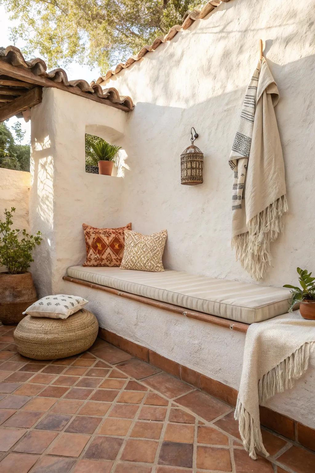 A built-in stucco corner bench brings hacienda coziness without crowding your tiny patio.