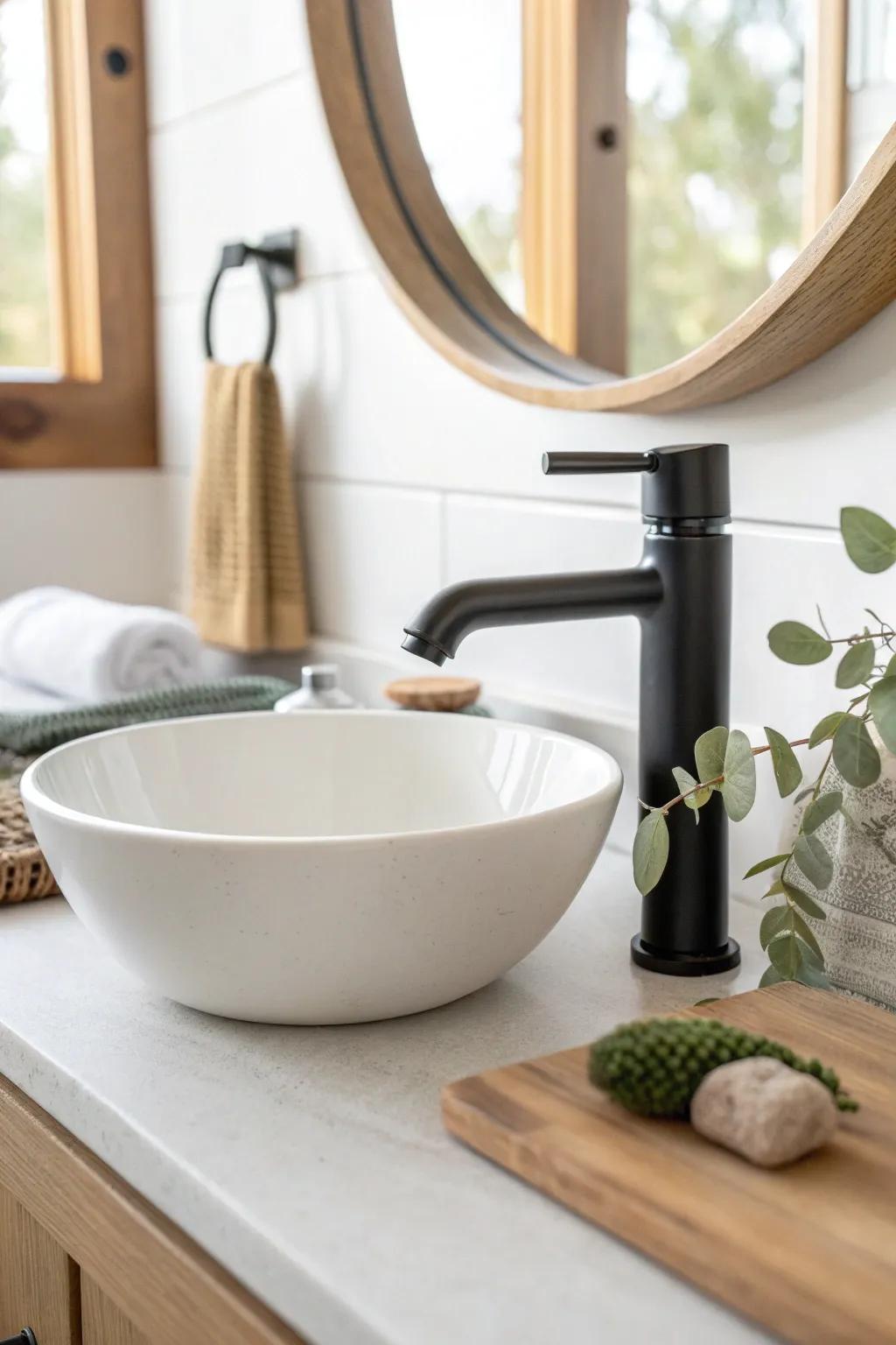 Matte black hardware adds bold, modern farmhouse contrast—without cluttering a small bath.