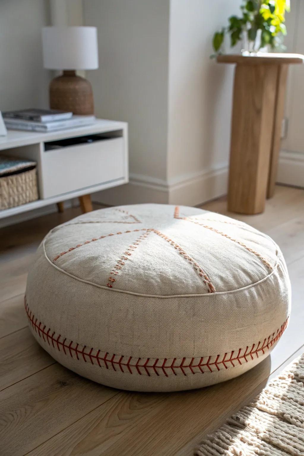 A handcrafted floor cushion adds cozy guest seating—then slides away after movie night.