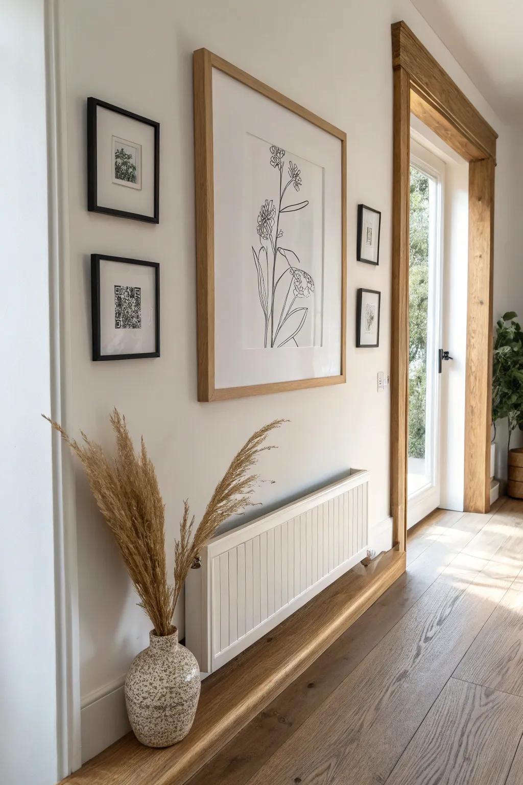 One consistent frame keeps a narrow hallway gallery wall calm, polished, and intentional.