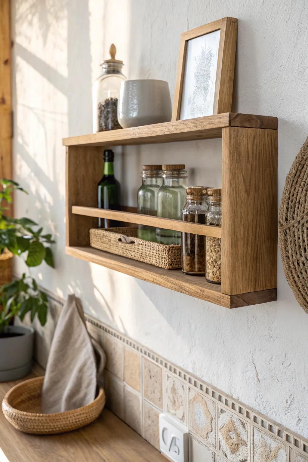 Shallow spice storage keeps narrow kitchen aisles clear—beautiful, minimal, and practical.