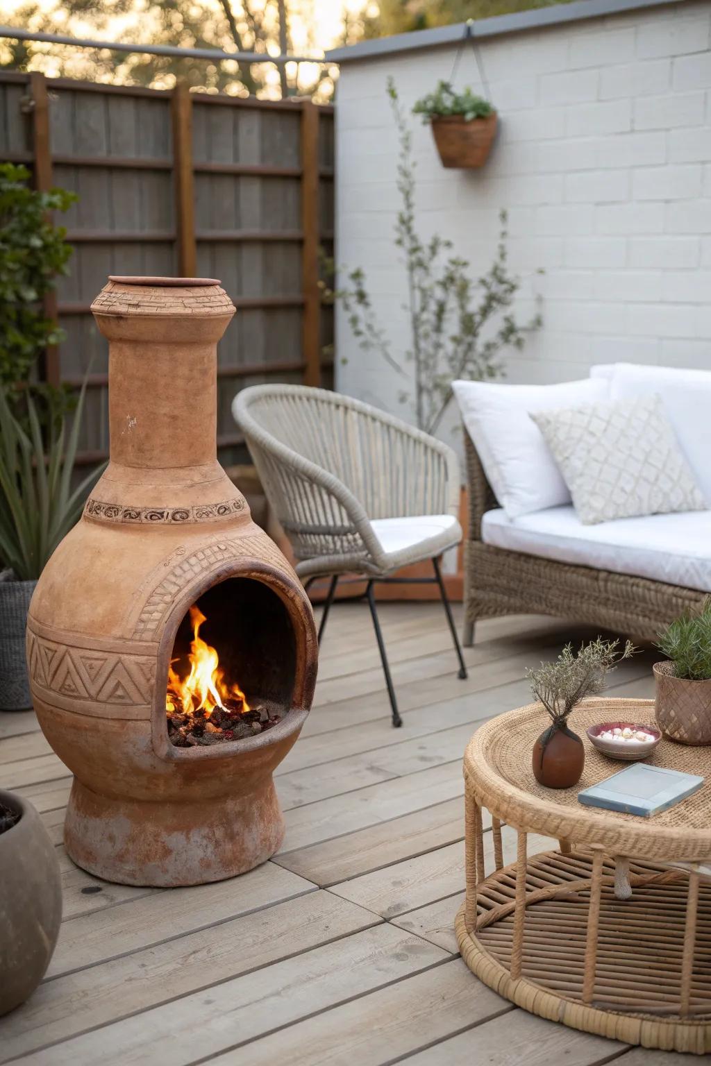 Mini outdoor living room vibes: a petite fireplace that anchors loveseat + chairs beautifully.