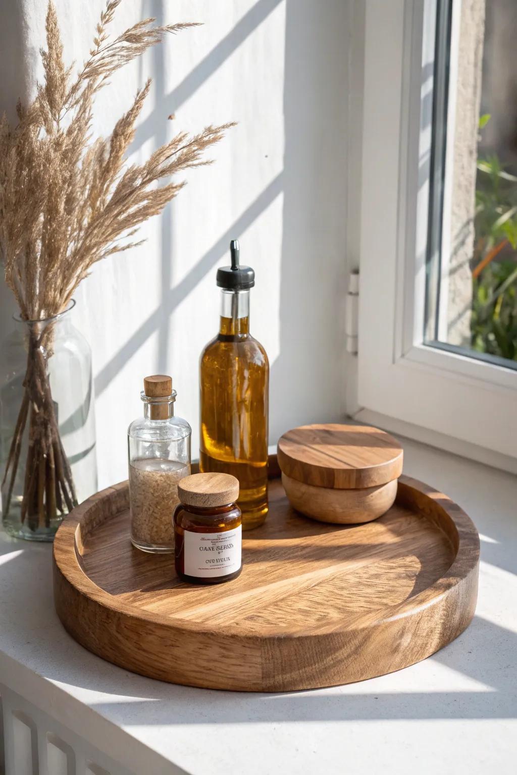 A simple wooden turntable makes corner pantry essentials feel instantly organized and luxe.