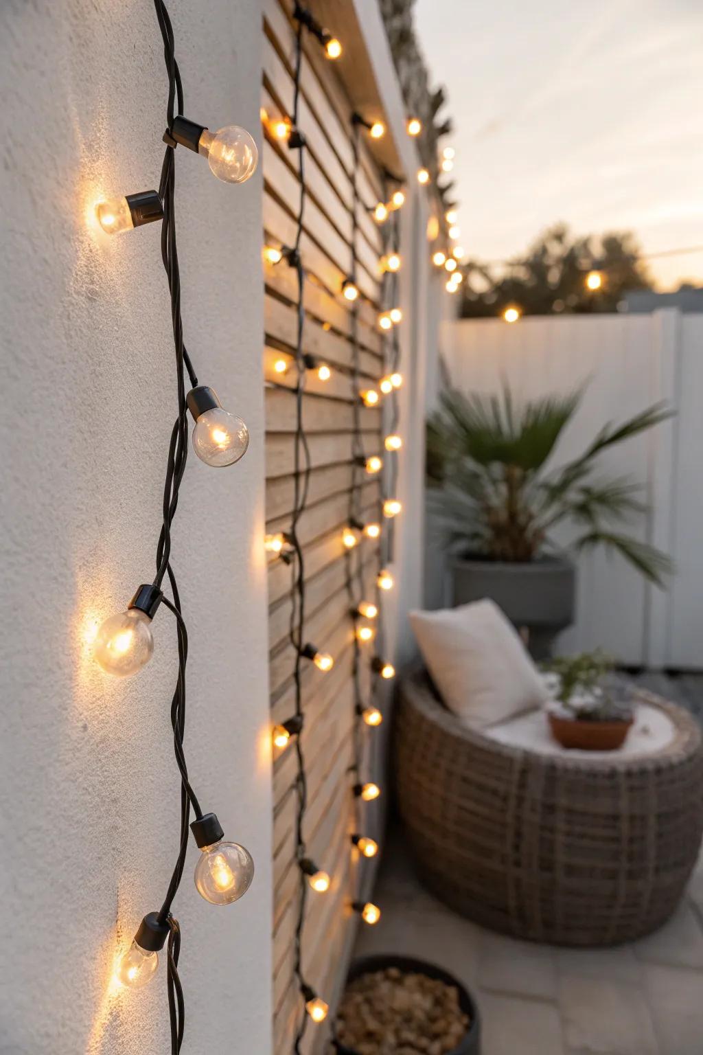Golden-hour string lights that make a tiny patio feel taller, warmer, and instantly cozy.