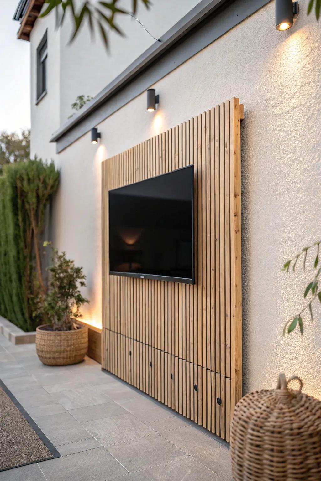 A mini slatted feature wall makes a small patio TV feel built-in and beautifully intentional.