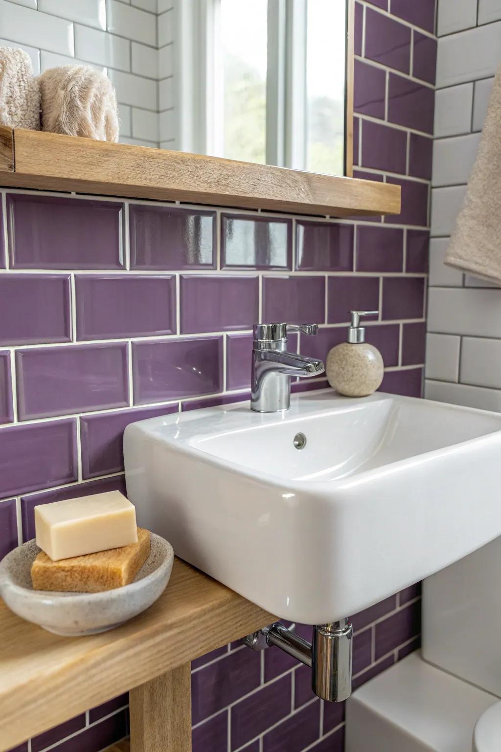 Glossy purple tiles behind a tiny sink reflect light and feel luxe with simple white fixtures.