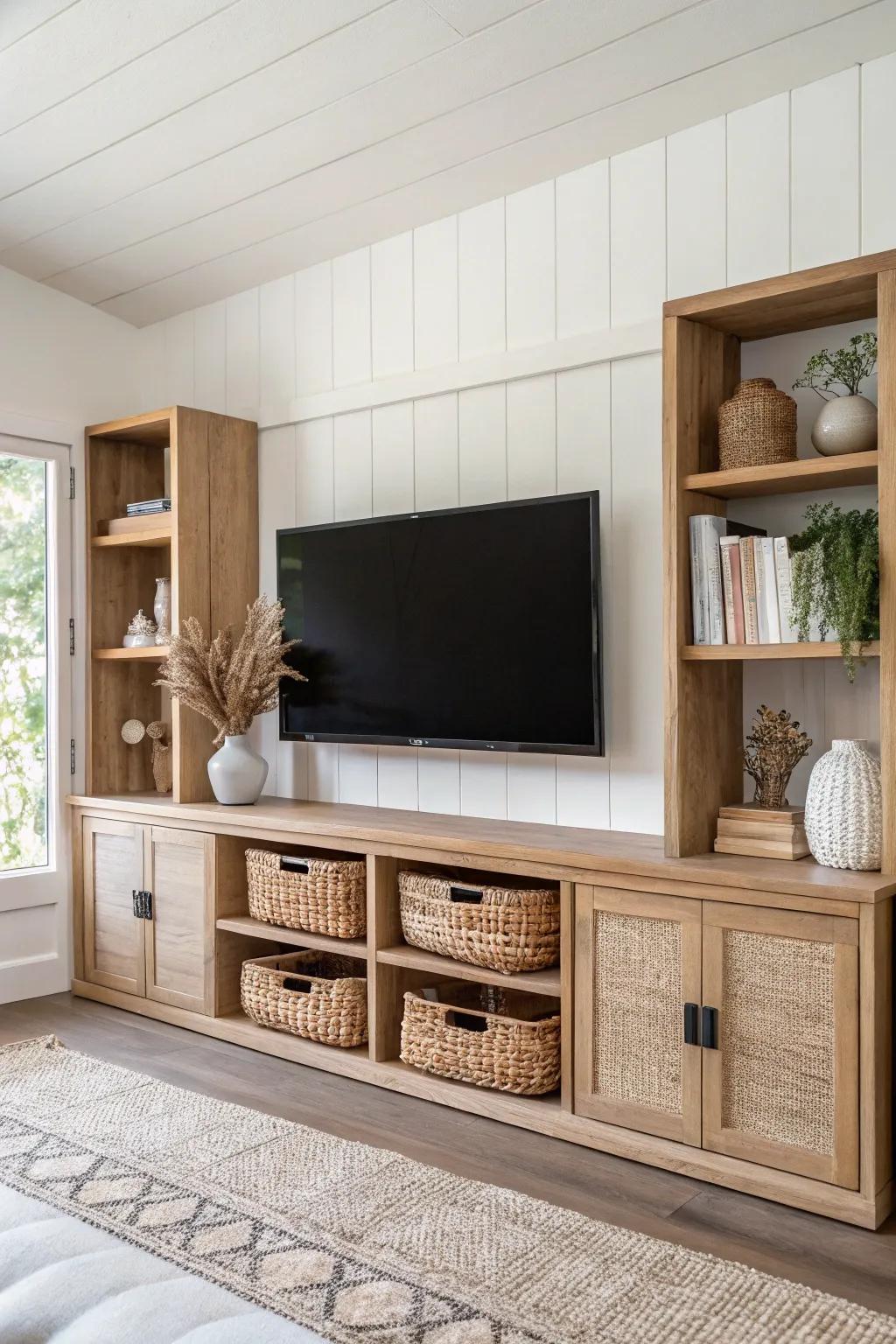 Built-in TV wall storage in warm oak + woven baskets for a calmer small ranch living room.